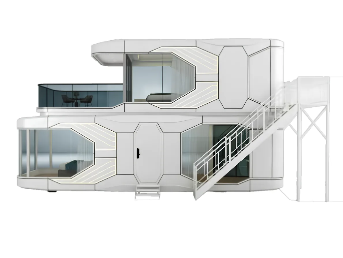 Élévation d'une maison capsule G&R Eden Cargo sur deux niveaux, avec escalier extérieur, baies vitrées ovales et terrasse balcon