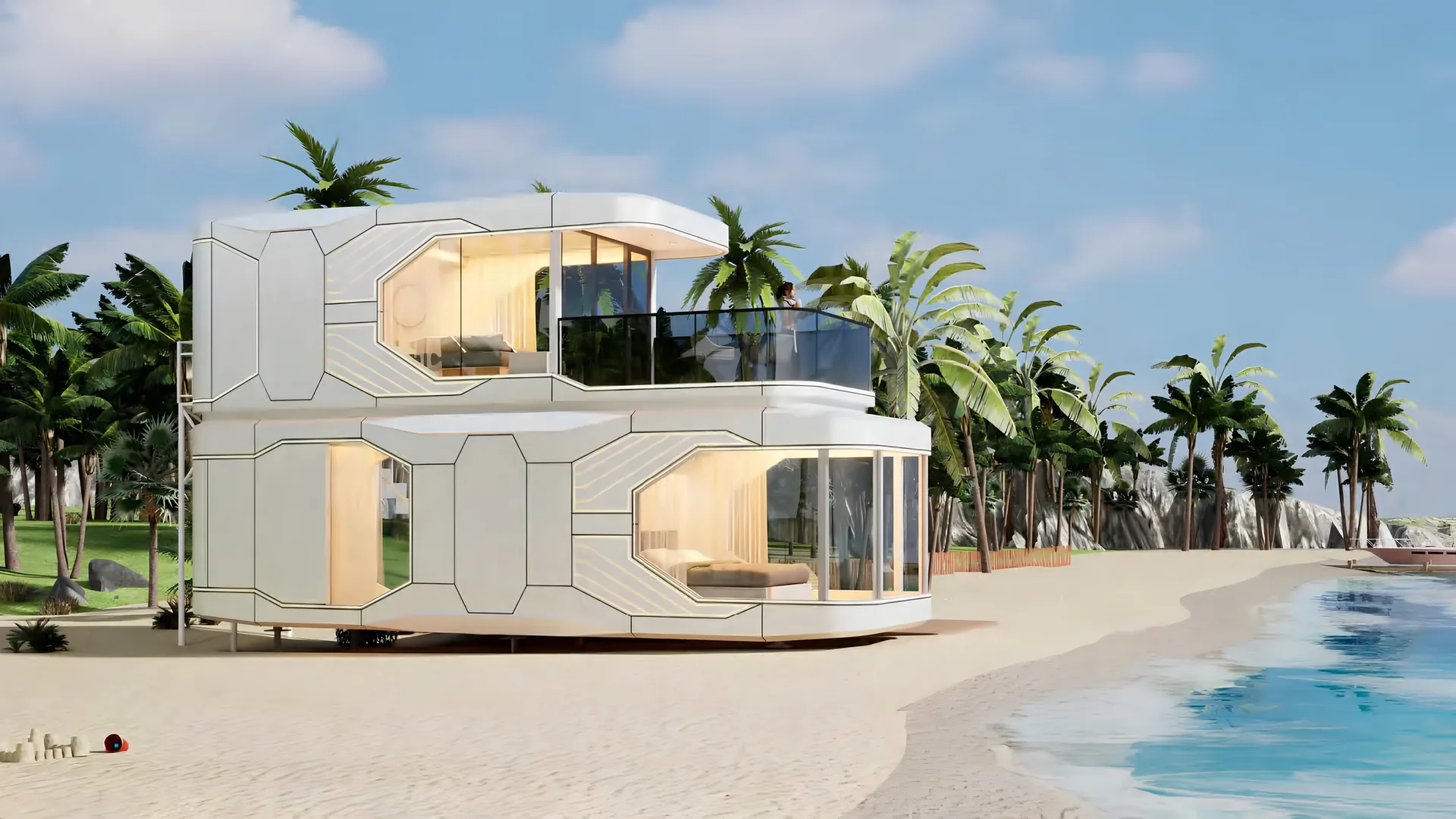Maison capsule G&R Eden Cargo à deux niveaux avec balcon vitré, posée sur une plage de sable blanc bordée de palmiers